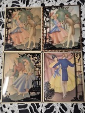 VTG Reverse Painted Convex Bubble Glass Silhouette Courting Pairs Set of 4 picture