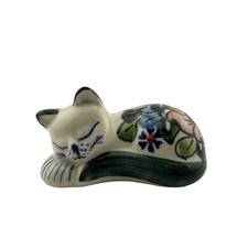 Polish Pottery Wiza UNIKAT Sleeping Cat Figurine Hand Made Slusarczyk Signed 3.5 picture