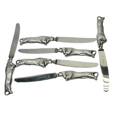 Set of 6 Oxhead Sheffield Stainless Bull Steer Cow Carving Steak Knives Pewter picture
