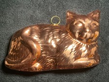 Vintage Large ODI Copper Jello-Cake Mold Sleeping Cat Tin Backing Country 10