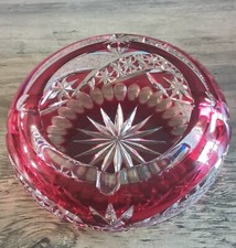 Vintage Bohemian Ruby Red Cut to Clear Crystal Glass Ashtray Starburst 6 Inch picture