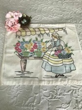GORGEOUS 1930s VOGART Embroidered FRENCH GIRL & FLOWER CART Vintage Pillow Cover picture