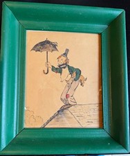 Original Antique Comic Art Illustration Man with Umbrella Dog Signed Cecil Slat picture