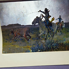 Western Americana Art Print Cowboy on Horseback Roping Cattle picture
