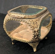 Antique French Victorian Ormolu Filigree Casket Jewelry Box Beveled Glass picture