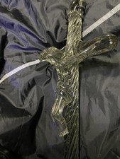 Unique Hand Blown Glass Smokey Topaz Tone Wall Crucifix Jesus 15-1/2” picture