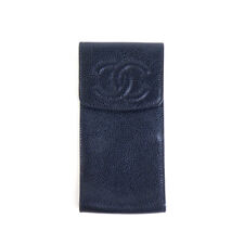 Auth CHANEL CC Logo Pen Case Glasses Case Navy Caviar skin leather - e58554f picture