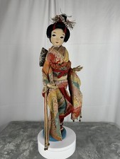 Vintage Japanese Geisha Cloth DollTall Lobster Feet Red Silk Kimono Stand picture