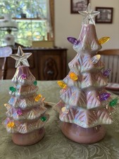 Retro Style Multi Iridescent Pink Snow Capped Ceramic LED Christmas Trees Set 2 picture