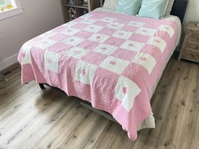 Vintage Pink White Floral Applique Quilt Hand Quilted Embroidered Cutter As Is picture