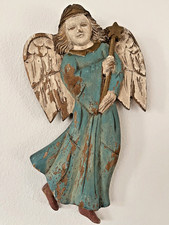 VTG Hand Carved Wood Angel Wall Plaque Star Wand Folk Art Decor Christmas Signed picture