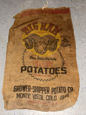VTG Big Ram Brand Colorado Potatoes Burlap Bag 100 lb Gunny Sack Rare Antique picture