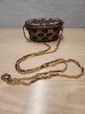 Vintage Seed Bead Hand Beaded Wire Hanging Trinket Box Purse Lidded Brown Gold picture