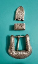Vintage VOGT Sterling Overlay 3 Pc Ranger Belt Buckle Set Hand Engraved Mexico picture