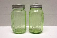 Vintage Hazel Atlas Hoosier Salt/Pepper Shakers Vaseline Glass - Set of 2 picture