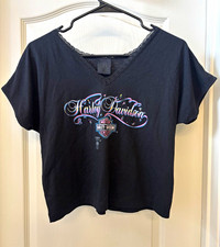 VTG 1988 Harley Davidson 3D Emblem Shirt Womens Lace V-Neck Single Stitch Size M picture