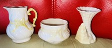 BELLEEK Irish Yellow Ribbon 3 Pieces Creamer Open Sugar + Mini Rock Spill Vase picture