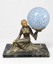 Art Deco Style Lady Figural Table Lamp, Blue Glass Globe & Marble Base picture