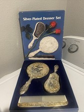 Vintage Silver Plated Dresser Set Ornate Baroque Mirror Brush Comb Boxed picture