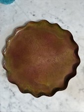Vintage Mid Century Enameled Copper Platter Ruffled Scalloped Edge Floral Leaf picture
