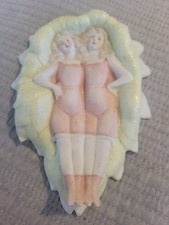 VINTAGE ANTIQUE VICTORIAN NAUGHTY GIRLS TRINKET DISH FLIPPER CERAMIC LEAF picture