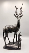 Vintage Hand Carved African Greater Kudu Antelope Wood Sculpture Pair picture