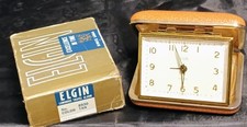 Vintage Elgin Luminous Travel Alarm Clock 8930 Tan Clamshell Case Germany NIB picture