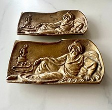 Vintage Pair Brass Orientalist Hookah Nargile Relief Ashtrays Trays Vide Poche picture