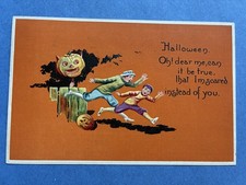 RARE LEUBRIE & ELKUS Vintage HALLOWEEN Postcard Germany #7036 JOL Scared Kids picture