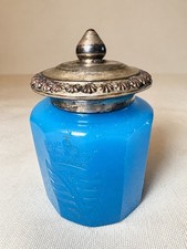 Antique German Blue Opaline Glass Vanity Jar W/ Saxony Kingdom Crest & Lid picture