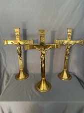 LOT OF 3 Vintage Large Standing Brass Altar Pedastel Crucifix INRI Scroll picture