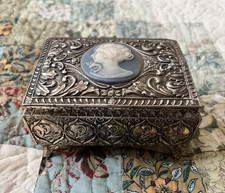 Beautiful Vintage Repousse Metal Jewelry Trinket Box w Blue Cameo picture