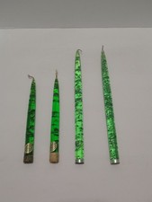 2 Sets Vintage MCM Lucite Taper Candles Green W/ Silver Metallic Flakes 8
