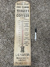 Vintage Coffee YOUNGERS Country Store Thermometer Original Wooden Rare 6x20” picture