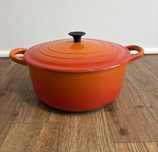 Vintage Le Creuset Enameled 2 Qt Cast Iron Round Dutch Oven in Flame Orange picture