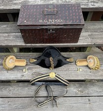 Antique British Royal Navy Officer’s Bicorn Hat Epaulettes Belt Sword Hanger Box picture