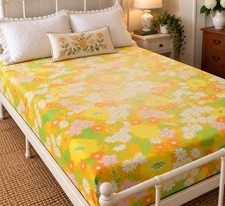 VTG Wamsutta FULL Fitted Sheet 70s Flower Power Floral Yellow Cotton Blend 76x56 picture