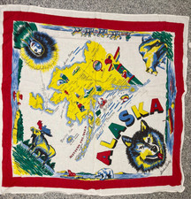 ALASKA Souvenir Tablecloth Vintage 34 x 34 Illustrated Alaska Red Blue Husky picture