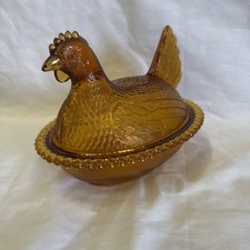 Vintage Indiana Glass Golden Amber Hen on Nest Beaded Covered Dish 7” picture