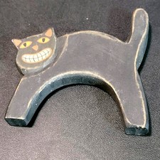 Vintage Hand Carved Wooden Halloween Black Cat Primitive Folk Art Arched Back picture