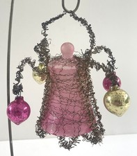 STUNNING Antique Vintage PINK WIRE WRAPPED GLASS BELL ORNAMENT-CHANDELIER STYLE picture