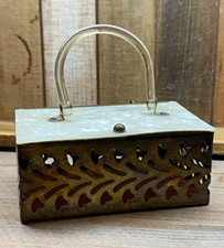 Vintage 1950s 1960s Style Box Purse Lucite Handle Pierced Metal Handbag picture