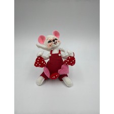 Annalee Dolls Valentine Hearts Mouse Red Overalls White Felt Figurine 110620 picture