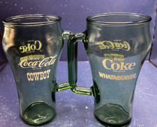Pair of Vtg 1980s Coca Cola Whataburger Cowboy Green Glass Mug With Handle Coke picture