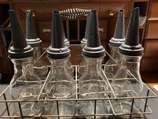 Vintage Automobile Oil Fill Bottles w/Wire Crate, very nice, Man Cave, Garage picture