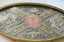 PRISTINE TEXTILE 13” ANTIQUE Apollo Studios Gilt Vanity Tray W/ Lace-EMBROIDERY picture