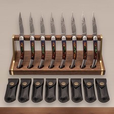 Damascus Pocket Knife Bulk Set 8 Groomsmen Gifts Wood Handle Leather Sheath Lot picture