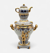 Vintage Russian Gzhel Decorative USSR Porcelain Samovar Teapot Gift Gold Gilt picture