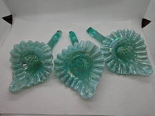 3 Fenton Diamond Lace Aqua Opalescent Iridescent Epergne Horns Flowers 8.5
