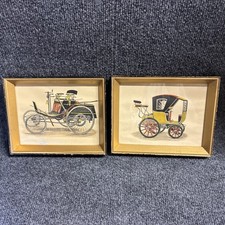 Pair Vintage Framed Historic Art Buggy Carriage Picture Painting Drawing Lot 2 picture